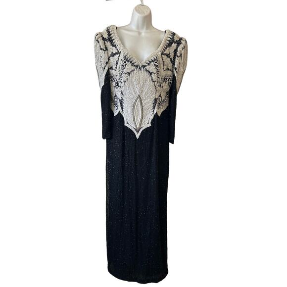 Clianna Beaded Evening Dress White Blk & Silver beads Long Women SZ M - Picture 2 of 10
